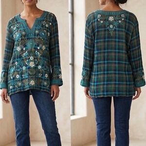 Johnny Was Workshop Teal Brown Plaid Floral Embroidered Gauze Blouse W13817-7 S